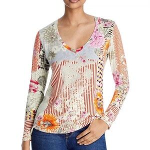 Johnny Was Ivory Milly Print Long Sleeve Tunic Tee T Shirt Top XL